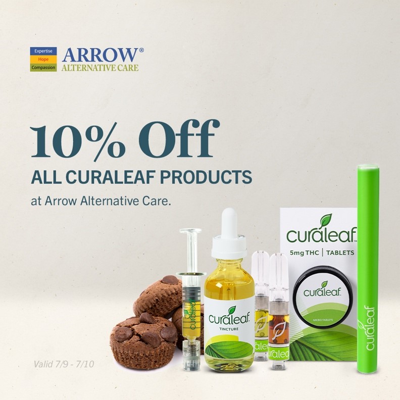 Arrow Alternative Care is offering 10% off all Curaleaf Products that are picked up from Hartford, Milford, or Stamford on 7/9 or 7/10! Be sure to take advantage of this promotion! 

Only applicable for Curaleaf products picked up at AAC on 7/9-7/10
