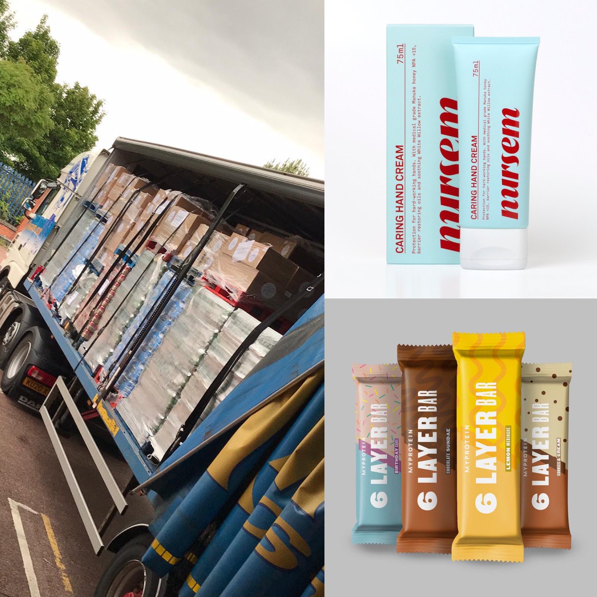 helpfrontline's tweet photo. Delighted to have phase #2 of our care packages rolling out this week, this time featuring some items from our friends at @NursemSkincare &amp; @MyproteinUK - coming to a frontline location near you shortly! https://t.co/4lW0HIQe6C
