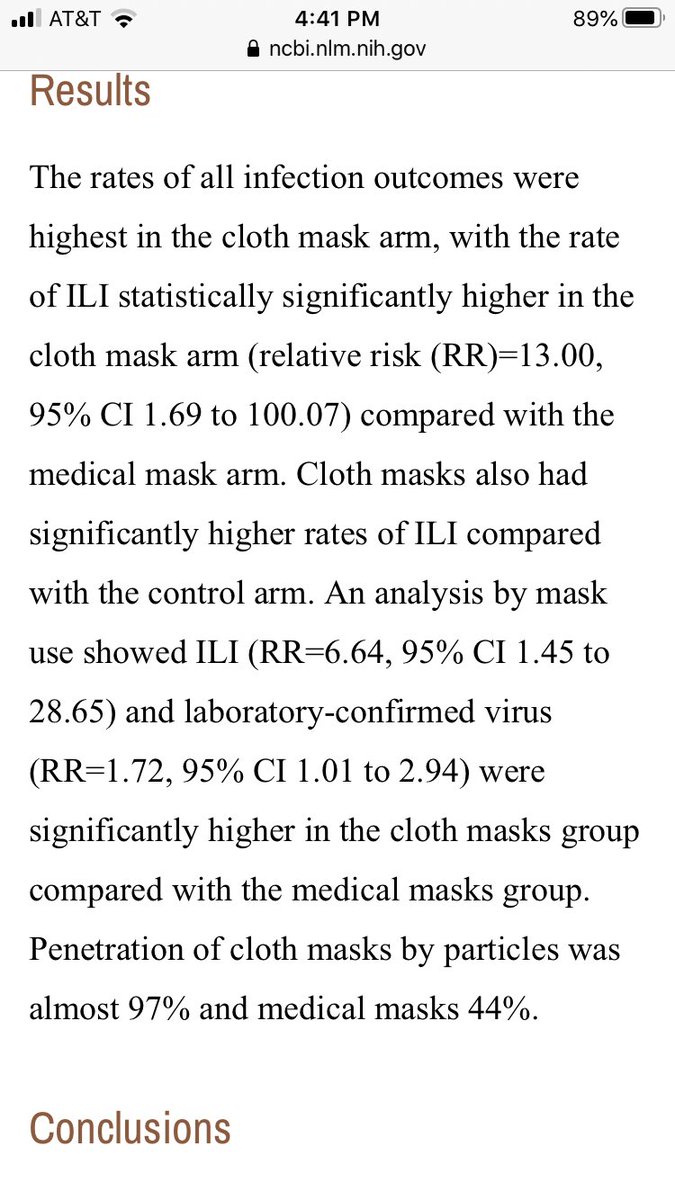 1/ This is quite the paper on masks, published in  @BMJ_Open in 2015: a randomized trial (the gold standard, yadda yadda) of 1600 health-care workers showed those wearing masks were 6 times (!) as likely to have flu-like illnesses as those in the control group after 4 weeks...