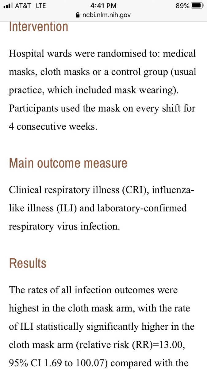 1/ This is quite the paper on masks, published in  @BMJ_Open in 2015: a randomized trial (the gold standard, yadda yadda) of 1600 health-care workers showed those wearing masks were 6 times (!) as likely to have flu-like illnesses as those in the control group after 4 weeks...