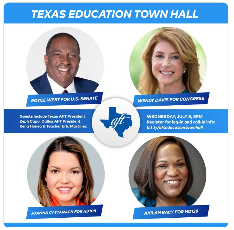 MrsCamposSTEM's tweet photo. There is also a townhall (Alliance AFT Texas Education Forum) that begins at 8pm tonight with 
@TexasAFT. @RoyceWestTX will be present. He is a U.S. Senate candidate. Must be registered to get the zoom link: https://t.co/sczT6cKwlk https://t.co/96KeSabt0E