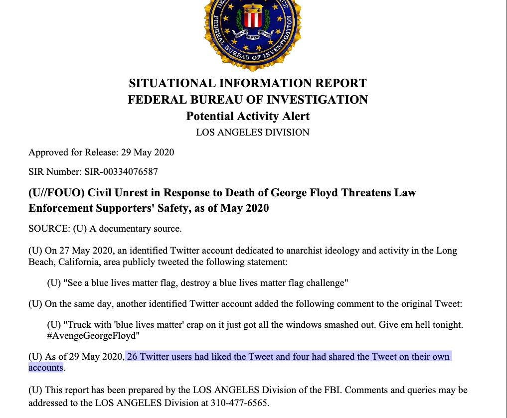 The Los Angeles division of the FBI is watching your  #GeorgeFloyd twitter faves  #BlueLeaks