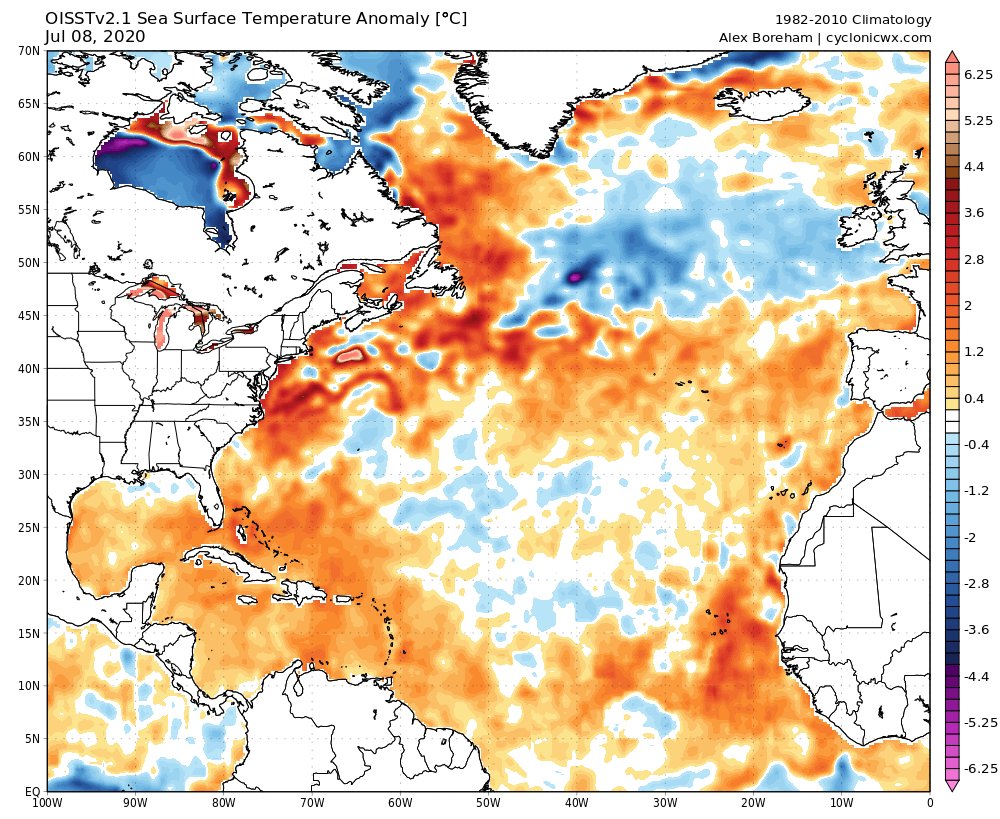 Some observations for 98L's tropical prospects - as many have noted, SSTs are anomalously warm along the Mid Atlantic coast, and given ongoing convection off the SC coast, it's possible a new circulation may develop farther offshore, keeping 98L's eventual track over water.