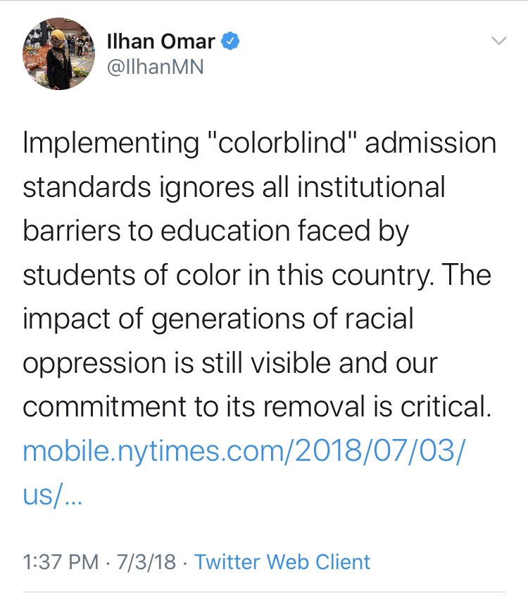 And it isn’t just capitalism that’s the problem, of course. Color blind admissions - where schools don’t convey benefits to applicants based on their race - also must be torn down. Count me as skeptical that this mentality won’t extend beyond colleges.