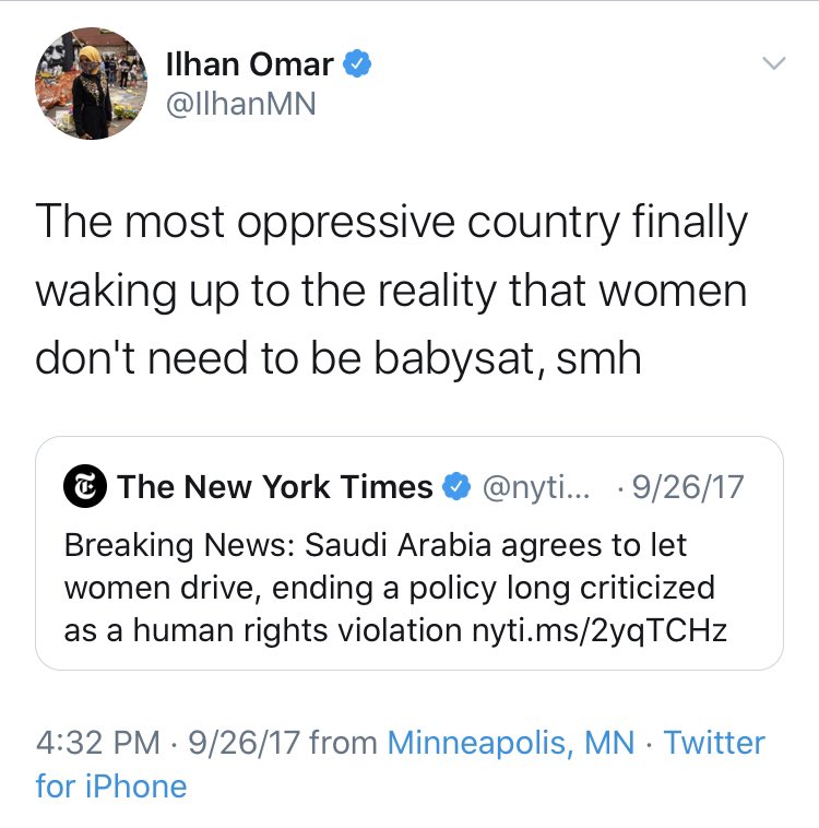 Credit where due though - she also criticizes Saudi Arabia. Would that she would apply the same standard to the rest of the Arab world as she does to Israel.