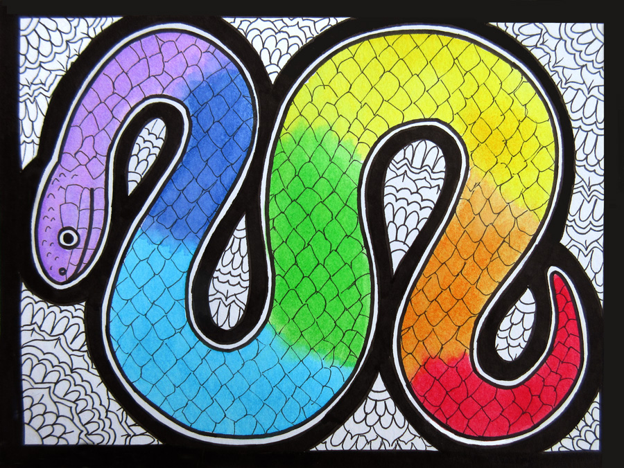 StarseedBloom's tweet photo. 🎨 New art! 🎨 Rainbow snake painting, surrounded by black zentangles! Watercolor and India ink on watercolor paper, 6x8in (15x20cm) https://t.co/eKlfh2pVk7 https://t.co/d8DAN8MBA3