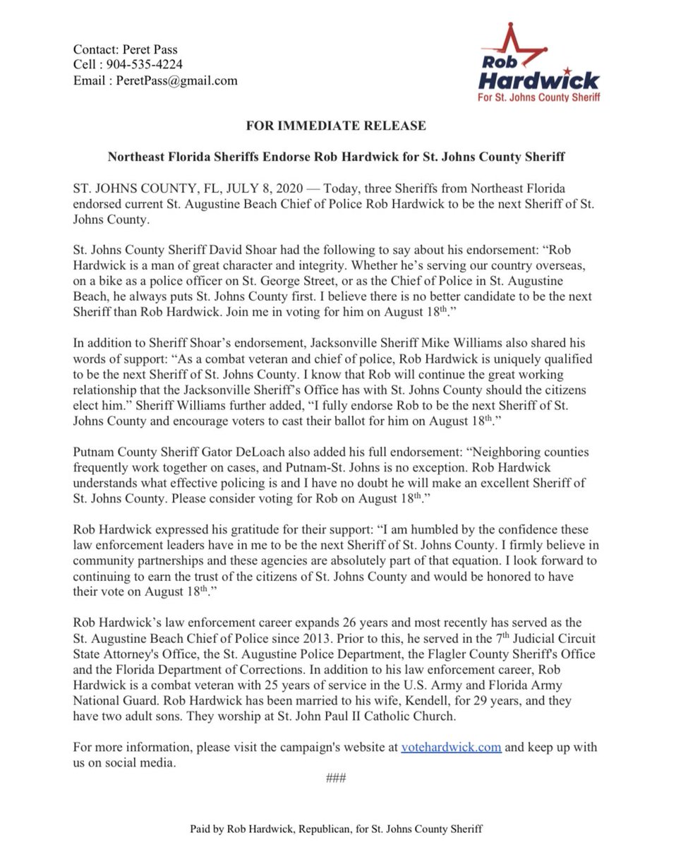 🚨🚨ENDORSEMENT ALERT!🚨🚨

We are thrilled to announce the endorsements of Sheriff Gator DeLoach, Sherif David Shoar, and Sheriff Mike Williams! 

Thank you for your support, Sheriffs! #TeamHardwick