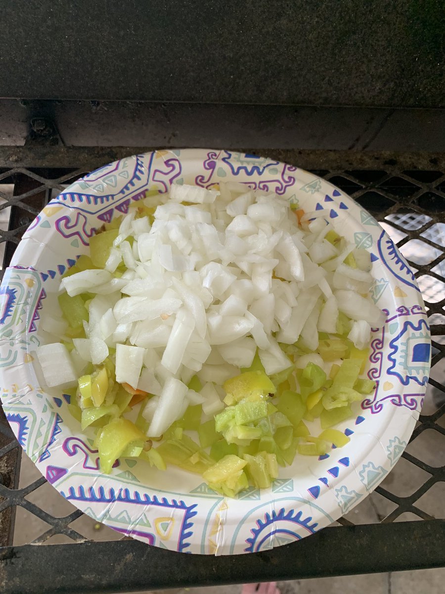 1 white onion rough diced and some banana peppers out of the garden