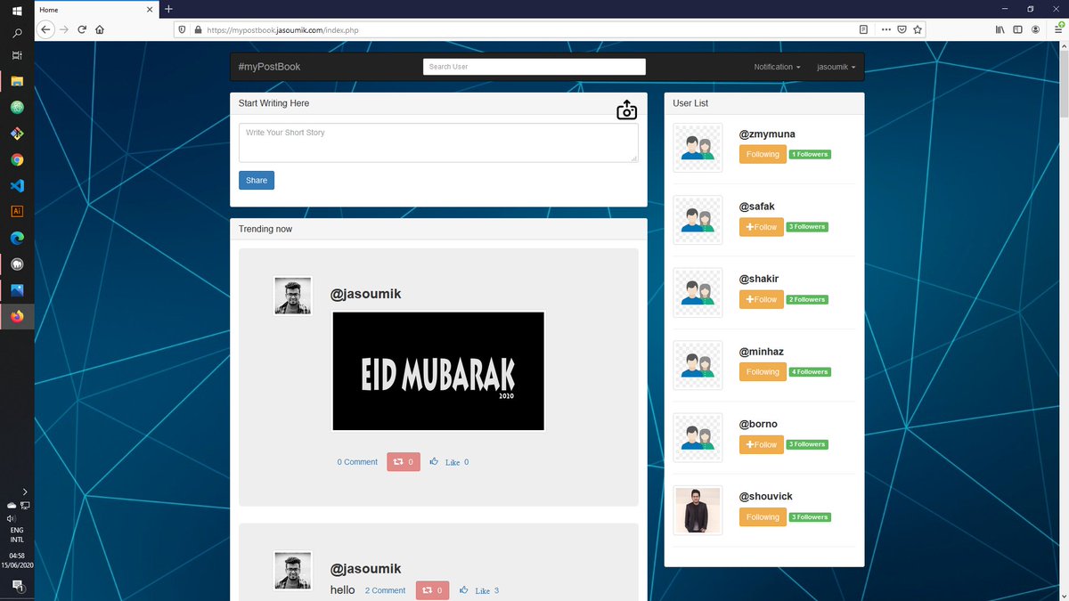 jasoumik's tweet photo. Follow-Unfollow-System-with-PHP-AJAX-JQUERY
Project Completion Date: 15th June 2020
Site Link: https://t.co/vNY29hEEwf

#php #ajax #jquery #bootstrap4 https://t.co/Owc8HROcV6