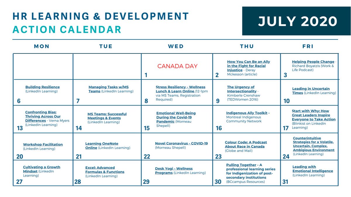 TRU_HR's tweet photo. HR Learning and Development has created a self-directed action learning calendar for employees. Choose your own learning adventure every day in July and August! #professionalgrowth #wellness #leadership #diversity #inclusion #LinkedInLearning https://t.co/wfx2zrXXGG