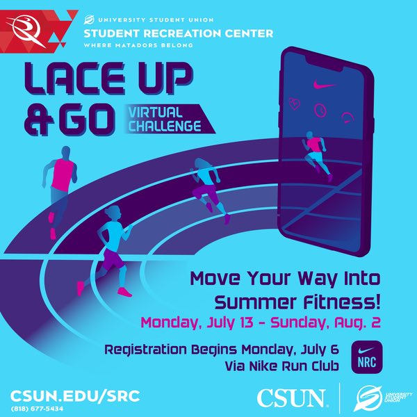 CSUN_RHA's tweet photo. Check out these virtual events that will be hosted by the USU for the summer,

Sports trivia will be held from July 13th-17th. 

Lace up &amp; Go virtual challenge will be held from 
Monday July 13th- Sunday August 2nd 

Make sure to register for Both events

Hope to see you there. https://t.co/WwQWqMqOiG