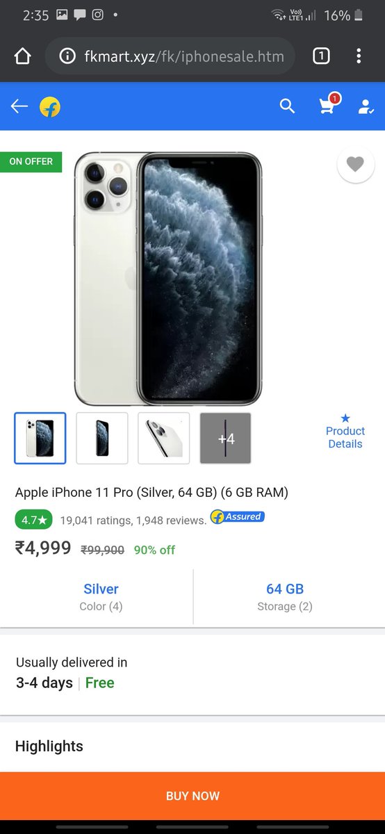 twinkle_goyal10's tweet photo. @Flipkart Here's a fake sponsored ad on @Instagra that leads to the following url: https://t.co/PeDDgqT6YS 
This link opens up a page which is strikingly similar to yours. Attaching screenshots below. Please take care of the issue since it can rob innocent people. https://t.co/4N5wF5nmmV