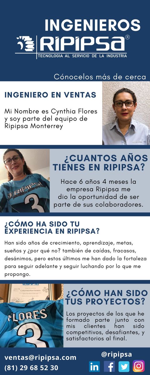 Ripipsa's tweet photo. 👷♀️👷♂️A diario nuestros ingenieros hacen posible que se siga moviendo la industria, hoy les presentamos de sucursal📍Ripipsa Monterrey a la Ingeniero en ventas Cynthia Flores, ella nos compartió un poco de su trayectoria en esta breve entrevista.
#Ripipsa #FamiliaRipipsa https://t.co/2QTc9KNQQE