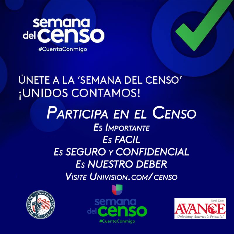 Proyecto Inmigrante ICS, Inc. joins the Univision Census Week. The 2020 Census counts EVERYONE who lives in the United States. Your participation helps your community. To learn more visit univision.com/censo 

#cuentaconmigo #censo2020 #brighterfuture #dfweducation #avancentx