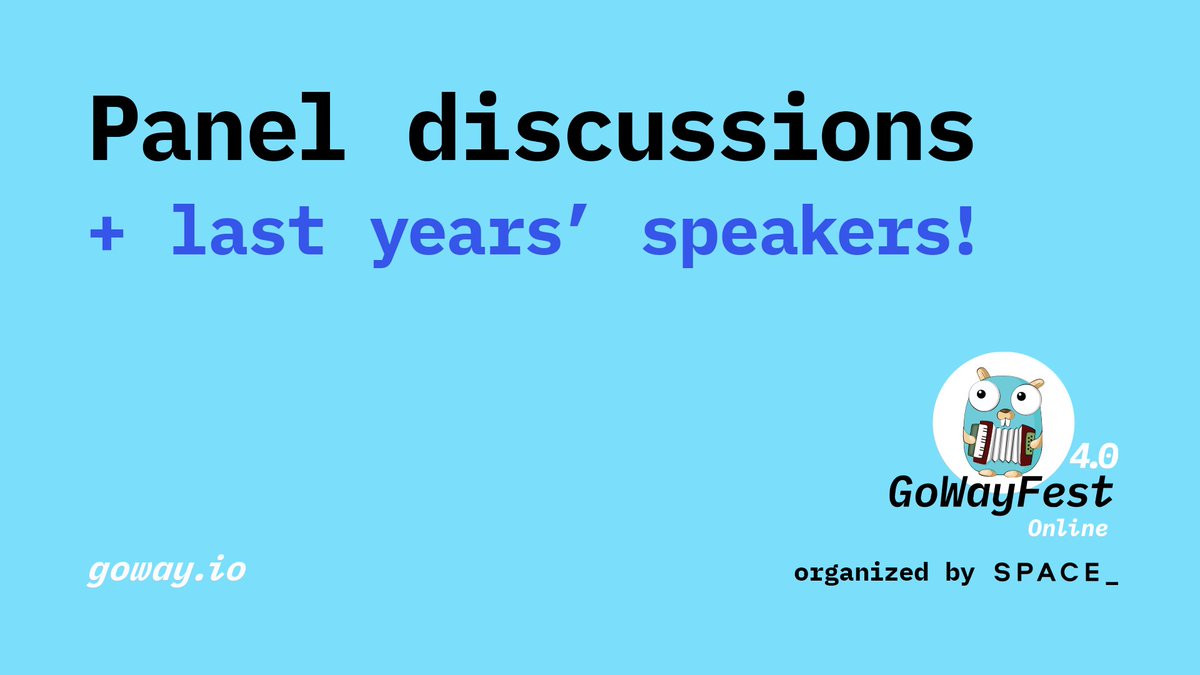 Great ideas emerge in discussions!
💁‍♂️ Join the panel “Adoption of #golang”.
💁 Meet our last years’ speakers <a href="/webdeva/">Elena Grahovac</a>, <a href="/paaleksey/">Aleksey “AlekSi” Palazhchenko</a>, <a href="/0x12b/">@simskij@hachyderm.io</a> and <a href="/dicaormu/">Diana Ortega</a> with their expectations of the Go 2.0.
Discuss Boilerplate generation in the special room.
Don’t miss it goway.io