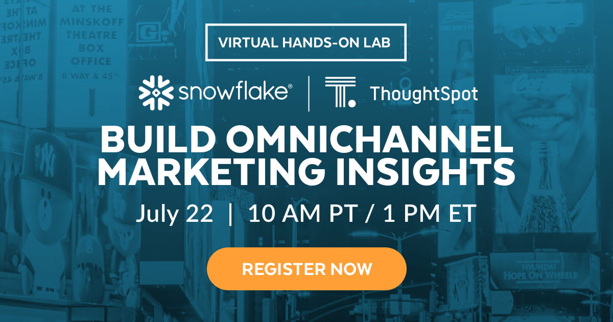 KentGraziano's tweet photo. Join us on July 22nd for a #VHOL - Building #Omnichannel Marketing Insights with @SnowflakeDB and @thoughtspot. Happy to see @ToddBeauchene back on camera teaching! https://t.co/lhSheM87Sw #CloudDataPlatform #AugmentedSearch #CloudAnalytics #DataDemocratization #YourDataNoLimits https://t.co/Q2VZtPy0ZN