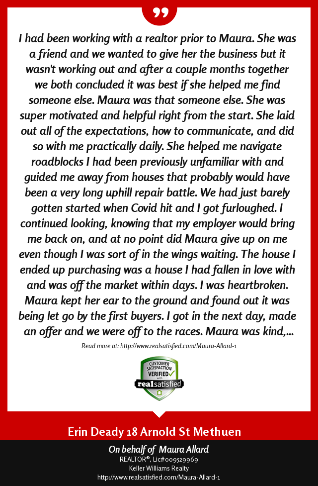 MauraAllardRE's tweet photo. This client testimonial simply made my day. https://t.co/JwStuJ6sn2 via @realsatisfied https://t.co/XmosdnwGIg