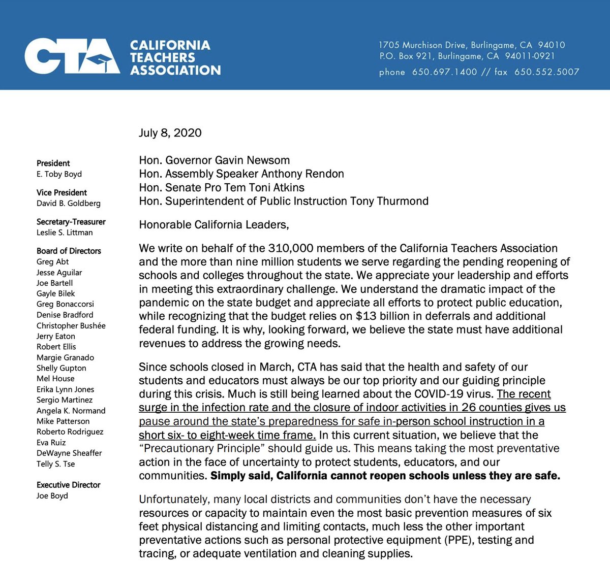 California cannot reopen schools unless they are safe. 

We write on behalf of the 310,000 members of #WeAreCTA and the more than 9 million students we serve regarding the pending reopening of schools and colleges throughout the state. Read full letter: image.cta-mailings.org/lib/fe8a157476…