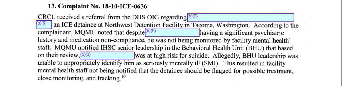 Why didn't OIG follow up on the info it received about a man who spent 1 yr in a psych hospital before he got to  #NWDC, yet NWDC docs somehow didn't notice he was mentally ill + high suicide risk? He cycled in + out of solitary, on + off suicide watch for months w/o treatment: