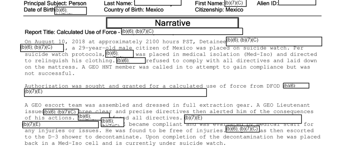 This ICE doc describes one of many incidents this man experienced: after GEO staff determined he was suicidal, he lay down rather than taking off clothes; so they called in a hostage negotiations team (!) + when that didn't work, pepper-sprayed him until he "became compliant."