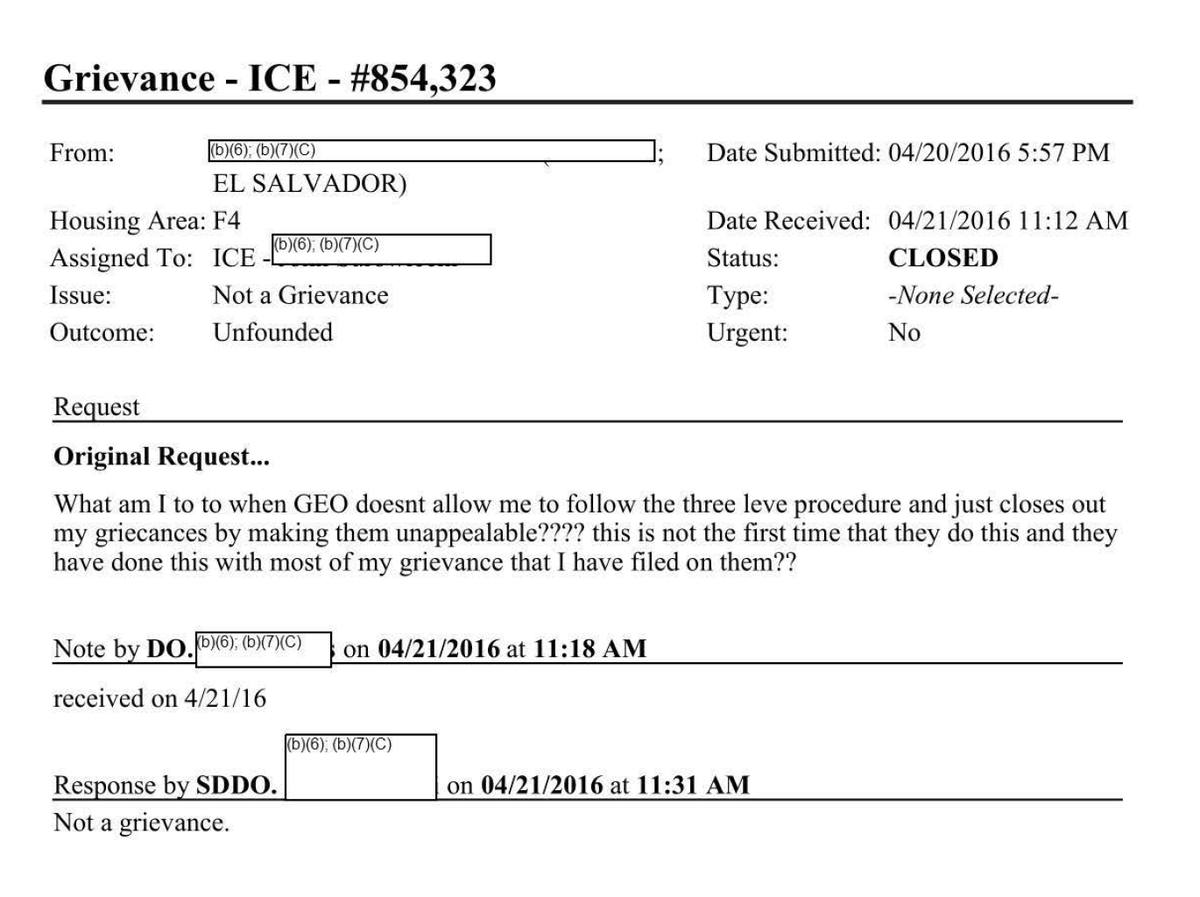 Or another example: OIG report notes that  #NWDC staff sometimes didn't respond to grievances w/in 5 days as req'd. Ok. But inspectors say nothing abt pattern of responding "not a grievance" to legit complaints, like this man's attempt to get care for his kidney cancer