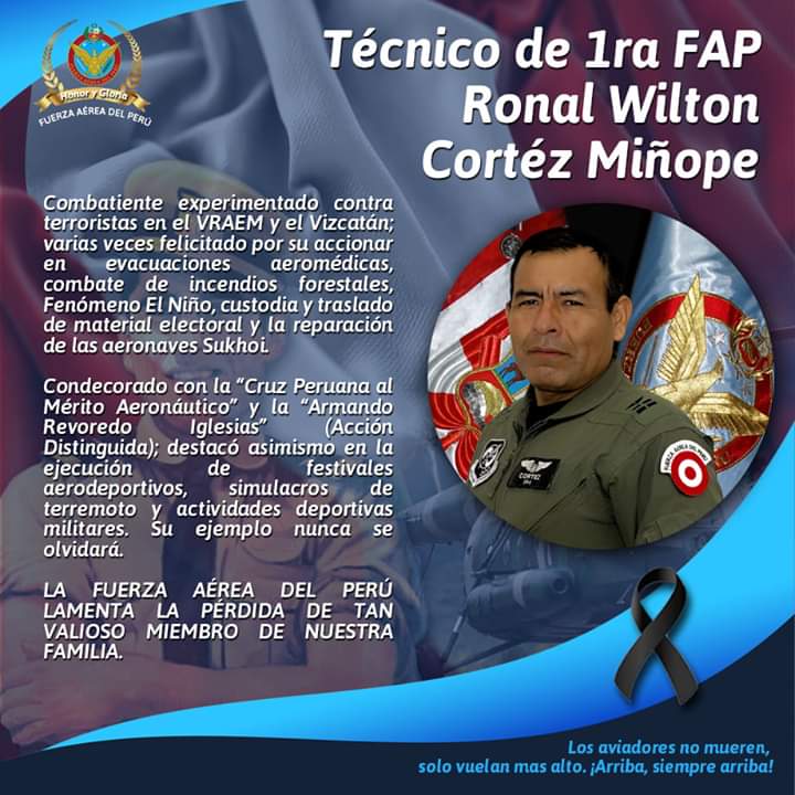 fapperu's tweet photo. La Fuerza Aérea del Perú, expresa su más sentidas condolencias a las familias de nuestros valerosos aviadores, que cumplieron hasta el final la misión de llevar esperanza y ayuda a quienes más lo necesitaban.
"Porque los aviadores no mueren, vuelan más alto”. 🇵🇪 https://t.co/cji4WLdQlE