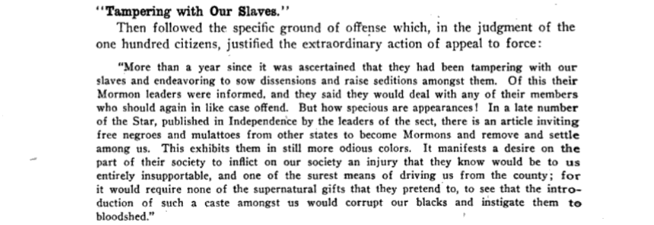 stromqx's tweet photo. It is often forgotten that the chief reason #Mormons were forcibly removed from Missouri by the extermination order was their opposition to slavery. Here's an excerpt from the "Centennial History of Missouri." pg 96. A link is provided for context: https://t.co/0kgZdv7Kdt #BLM https://t.co/IYru0ZSon1