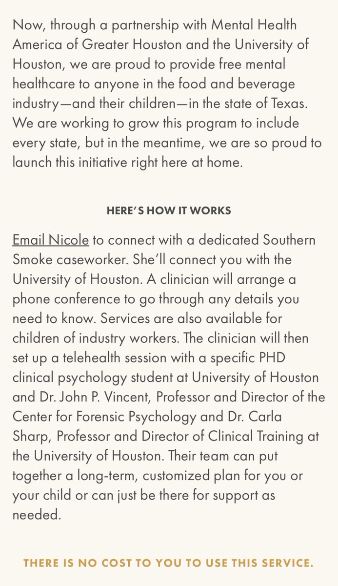 mutualaidhou's tweet image. TEXAS: @SouthernSmokeTX @MHAHouston + @UHouston have partnered to provide free mental healthcare to ALL Texas-based (not just Houston!) food and beverage industry workers and their children.

There is no cost to you to use this service.

Learn more: southernsmoke.org/mental-health-…