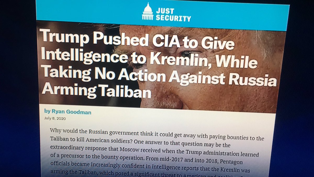 Great reporting by Ryan Goodman/Just Security and great interview in @Lawrence. It would appear #walkingfuknhump @realDonaldTrump is a #putinpatsy? Which would explain the LACK OF RESPONSE FROM THE WH on RUSSIAN BOUNTY ON U.S. Soldiers!