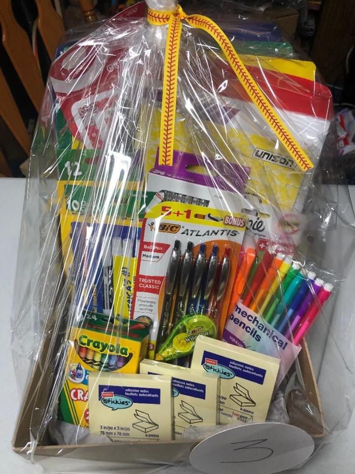 Basket #3: School Essentials: 4 two pocket portfolio folders; composition notebook; highlighters; notebook paper; mechanical pencils; sharpened #2 pencils; dry erase markers; markers; crayons; pens; post it notes; colored pencils; $50 Target gift card