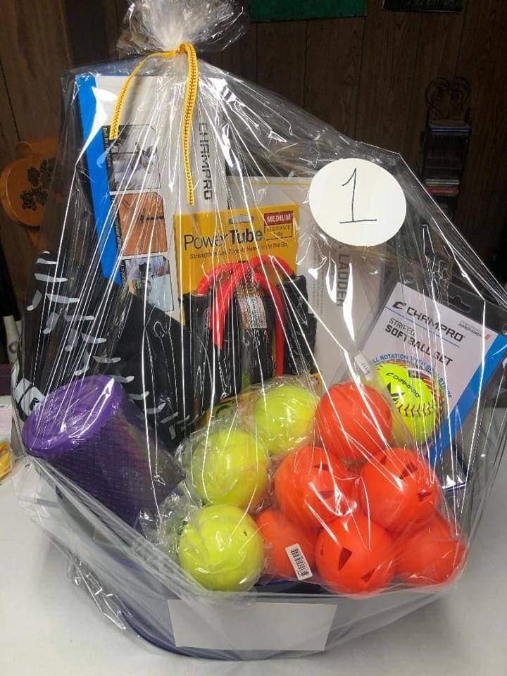 Basket #1: Skills: Quick Ladder; Longball Sports long sleeve t-shirt size M; Whiffle balls; folding batting tee; striped softball set; Certificate for 4 one hour hitting lessons at Longball Sports; weighted balls; power tube and foam roller