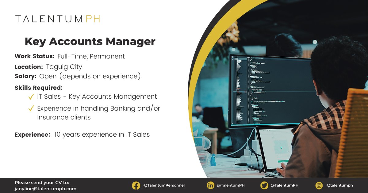 TPHCorporation's tweet image. Experienced in handling banking and insurance clients? Send us your CV if you think this job is for you.
#TalentumPHJobs #HiringNow #KeyAccountsManager