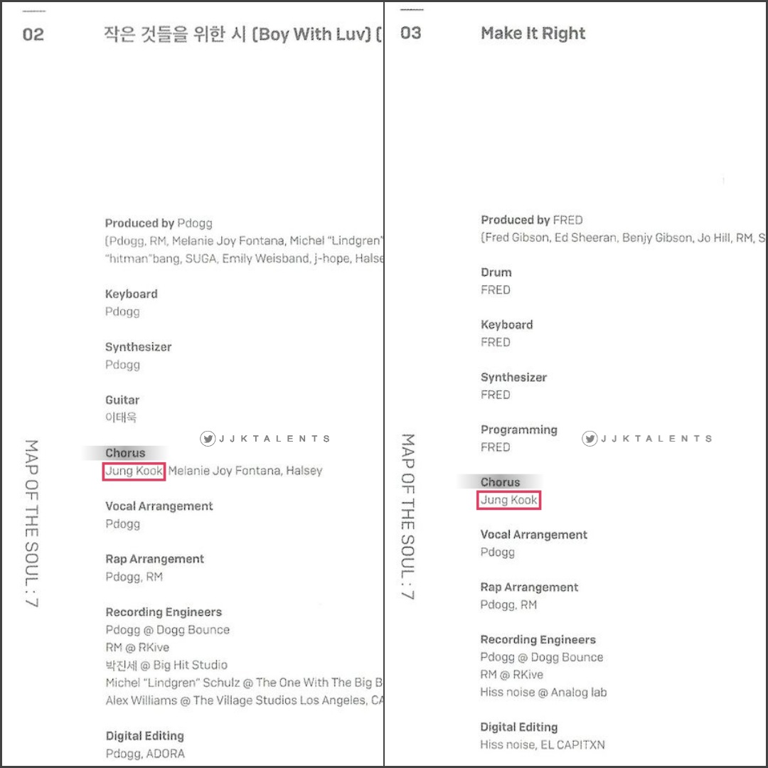 Jungkook's creditMap of the Soul: 7 (1/3)Chorus: Boy With LuvMake It RightJamais VuDionysusBlack Swan Louder than bombsONGang Vocal:FilterScans credit: @/thegospelofjeon #JUNGKOOK  #정국  @BTS_twt