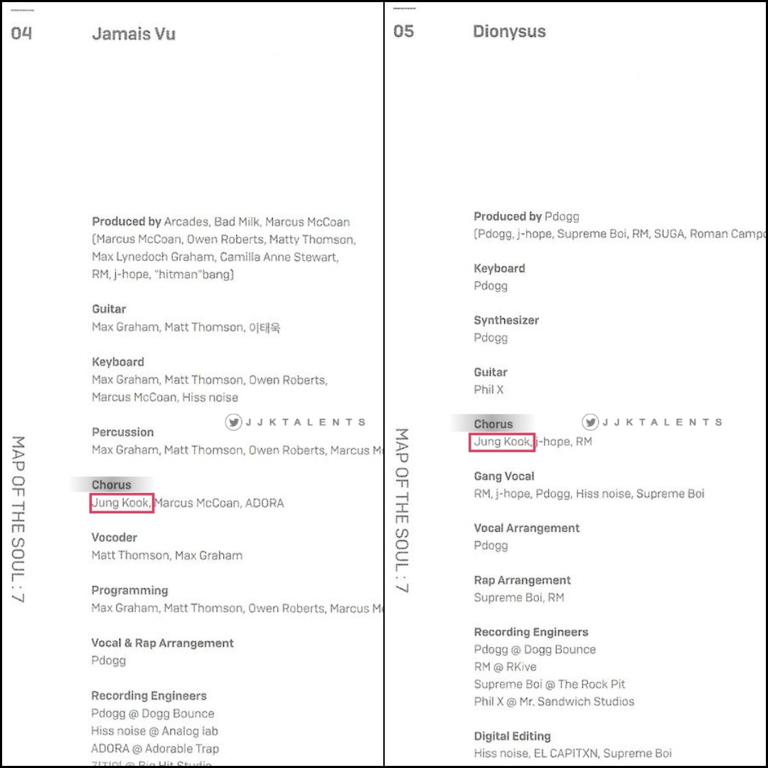 Jungkook's creditMap of the Soul: 7 (1/3)Chorus: Boy With LuvMake It RightJamais VuDionysusBlack Swan Louder than bombsONGang Vocal:FilterScans credit: @/thegospelofjeon #JUNGKOOK  #정국  @BTS_twt