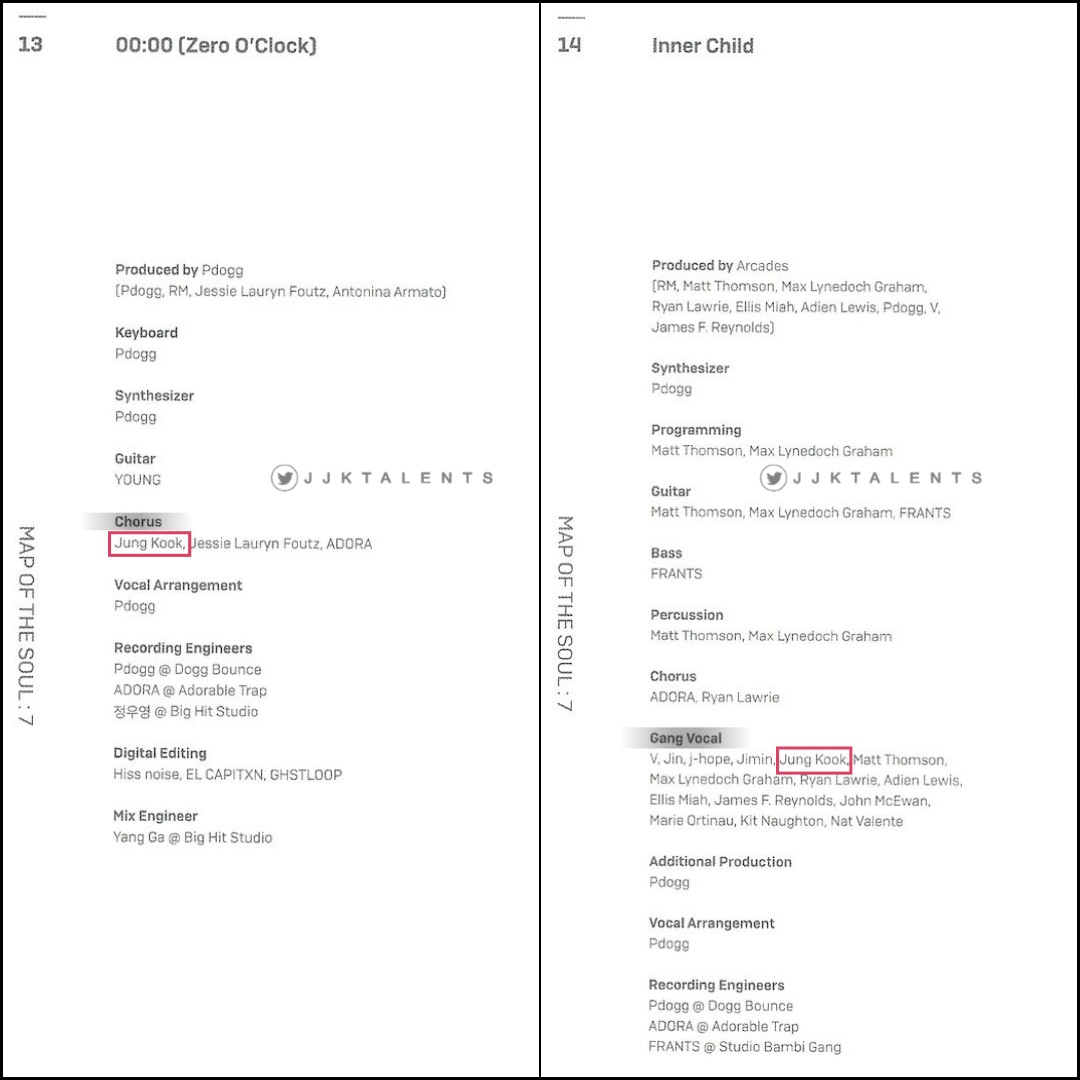 Jungkook's credit Map of the Soul: 7 (2/3)Chorus:00:00 (Zero O'Clock)Friends (친구)We ate Bulletproof: the EternalGang Vocal:Inner ChildFriends (친구)MoonOutro: EgoScans credit: @/thegospelofjeon  #JUNGKOOK  #정국  @BTS_twt