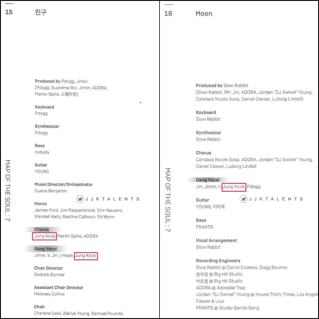 Jungkook's credit Map of the Soul: 7 (2/3)Chorus:00:00 (Zero O'Clock)Friends (친구)We ate Bulletproof: the EternalGang Vocal:Inner ChildFriends (친구)MoonOutro: EgoScans credit: @/thegospelofjeon  #JUNGKOOK  #정국  @BTS_twt