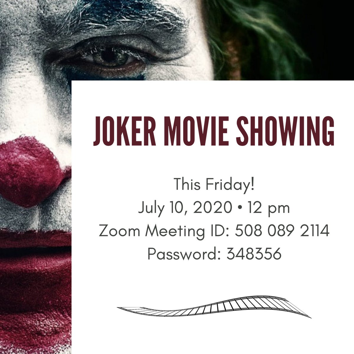 Get your popcorn 🍿 ready!! This Friday at 12pm we will be watching the Joker and then follow up with a discussion regarding mental health points in the movie 🎥 hope you are all able to join us ✨