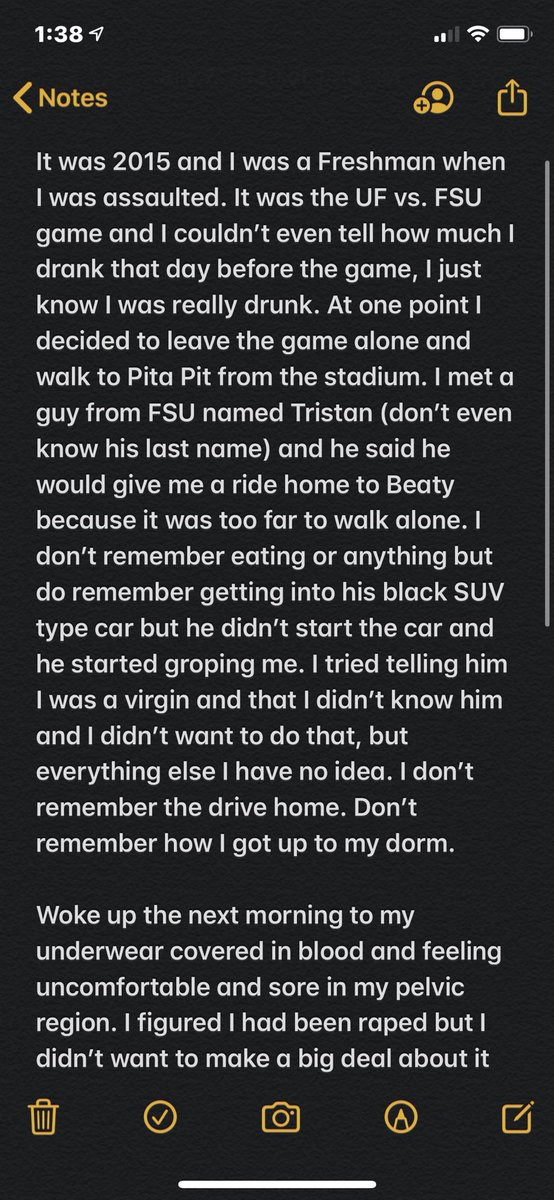 SurvivorsUf's tweet photo. It’s a shame we can’t even walk back to our dorms on campus without being assaulted.

Tw: midtown, gameday, football, virgin, rape, black SUV, blood, Plan B
@FsuSurvivors #UFSurvivor #FSUsurvivor #UF #FSU #SEC #gameday @FloridaGators @Seminoles #metoo @MeTooMVMT #BelieveSurvivors https://t.co/alC8vP0v9G