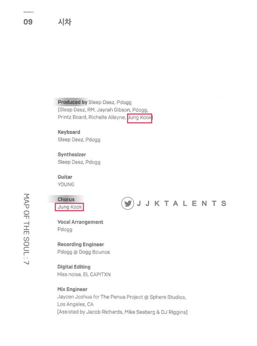 Jungkook's credit Map of the Soul: 7 (3/3)My Time (시차){Physical album}Co-produce / Chorus{Melon}Lyrics / Composition{Spotify}WrittenScan credit of the album: @/thegospelofjeon #JUNGKOOK  #정국  @BTS_twt