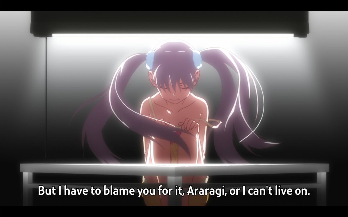 She also copes by trying to blame Araragi for her situation. Can we blame him for missing the signs as a middle schooler? Maybe not, but like I said, the fact that the world can be that unfair is a hard truth to face, and it can be much easier to just pin it on someone else.