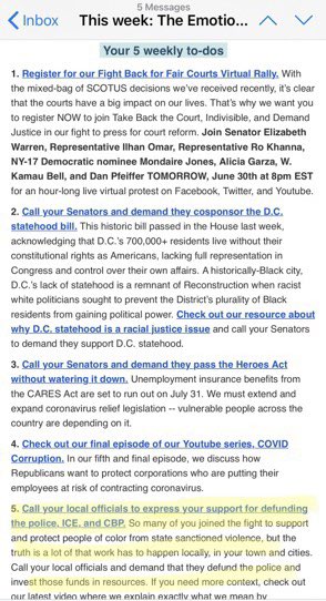 In the past 2 weeks we have received 2 emails with “To Do’s” defundthepolice moved from #5 to #2  @dbongino  @DanScavino  @TomFitton  @TomFitton So activists in your area are calling to defund your police!