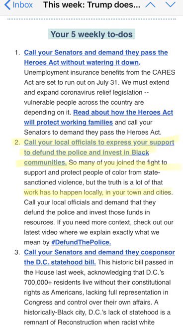 In the past 2 weeks we have received 2 emails with “To Do’s” defundthepolice moved from #5 to #2  @dbongino  @DanScavino  @TomFitton  @TomFitton So activists in your area are calling to defund your police!