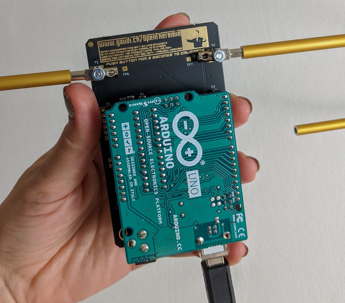 helenleigh's tweet image. Well I appear to have successfully put together this theremin tonight, an open source hardware @arduino Uno shield from Gaudi Labs. It apparently does CV so I wanna try and use it to control one of my synths. I'd post video but my neighbor complained already 😅