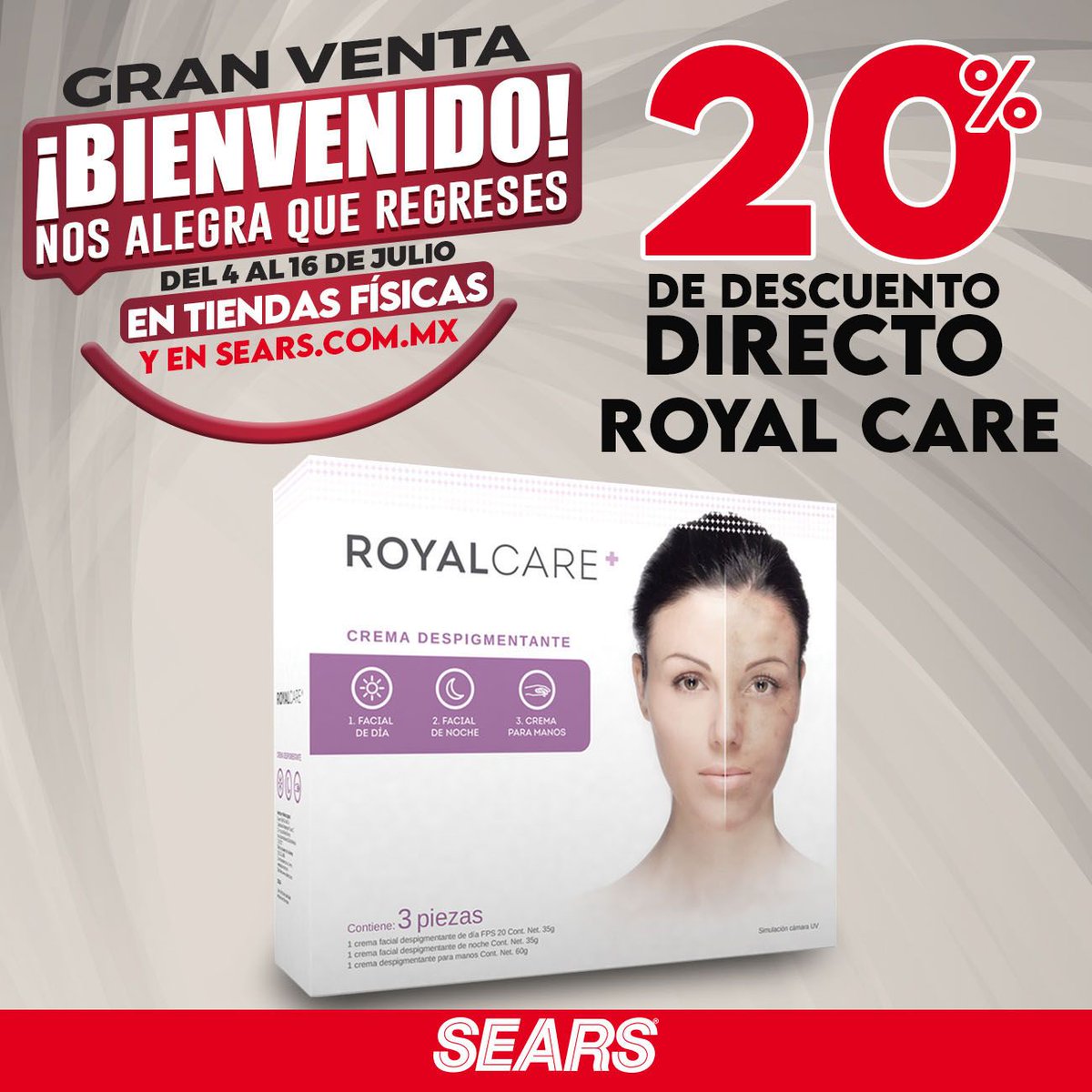 searsmexico's tweet photo. Cuida tu piel con #RoyalCare. Da clic aquí y aprovecha esta promoción ✨👉https://t.co/2FWajgIj8k

Vigencia del 4 al 16 de julio del 2020. Consulta bases de la promoción y horarios de tiendas abiertas en https://t.co/ZvafxT6ZD7 https://t.co/jPh1cmpddh
