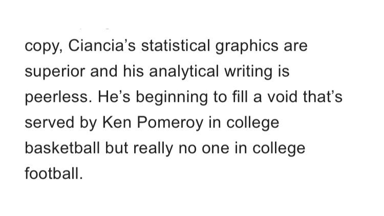 Huge feedback by former FWAA president David Jones on my 2020 Season Preview book:

“Ciancia’s statistical graphics are superior and his analytical writing is peerless.”

Thanks @djoneshoop 

📝 picksixpreviews.com/2020-season-pr…