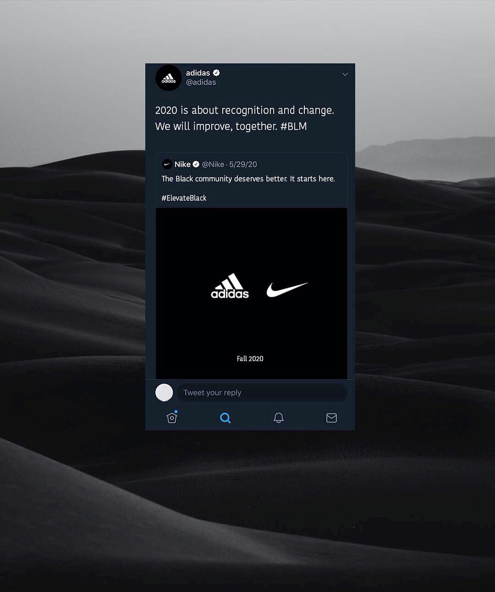 chvrlesjr's tweet image. I created this today after thinking about how powerful of a statement it would be to the entire world if @Nike &amp;amp; @adidas joined forces to stand with the black community. We are all in this together. #BlackLivesMatter #GraphicDesign
