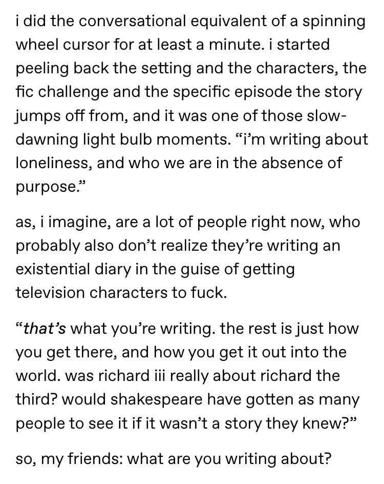 magatsula's tweet photo. this post... is so nice. i don’t think i’ve ever sat down and examined the major themes in my own writing for the exact reason that i dismiss it as “just fanfic” a lot too. anyway i’m almost always writing about bitterness and unfair life circumstance hbu https://t.co/hFy5dQ53j1