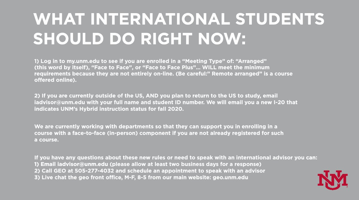 UNM's tweet photo. Here's what you need to know right now if you're an international Lobo intending on studying in the US during Fall 2020. For more detailed steps and direct links ➡️ https://t.co/6Y8tupPKxj. You are welcome at UNM and you are an important member of our community. https://t.co/36eE9PjsVc