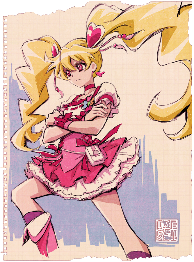 cure peach ,momozono love 1girl solo blonde hair heart hair ornament twintails hair ornament long hair  illustration images