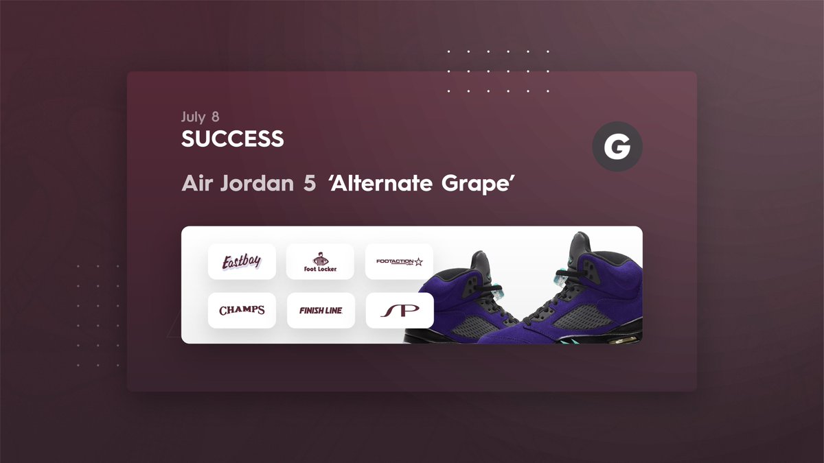 GhostAIO's tweet photo. On today’s Jordan 5 ‘Alternate Grape’ release Phantom not only cooked Footsites as usual, we also feasted on ShoePalace as well. 👀🍇

Every drop just gets easier for our users. Retweet &amp; we might drop a key in someone's DMs. 👻🍾 https://t.co/P3k2KRL85s